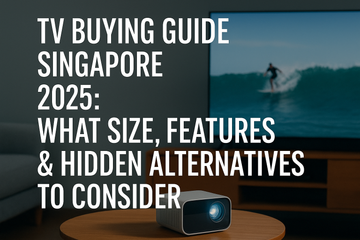 TV Buying Guide Singapore 2025 cover image showing a modern living room with a flat-screen TV and a compact projector on a coffee table