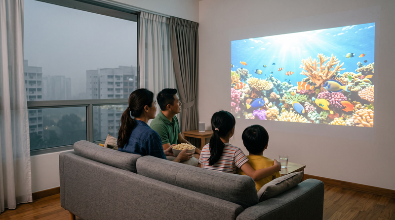 Family watching a coral reef film projected on the living room wall of an HDB flat while haze covers the city outside
