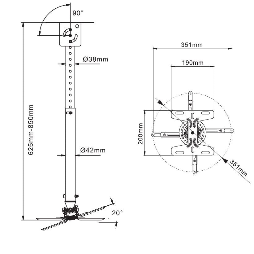Universal Projector Ceiling Mount - (625mm to 850mm) - Suitable for Epson/BenQ/Canon/Panasonic/Dell/ViewSonic/BeamerX/Lumos Projector... - 718-2