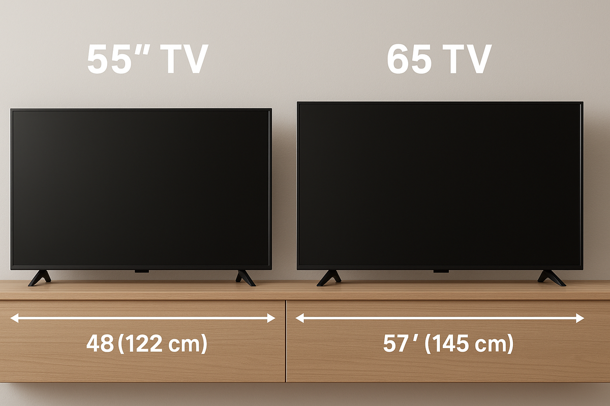 55 inch TV vs 65 inch TV size comparison side-by-side showing width measurements 48 inches and 57 inches on wall