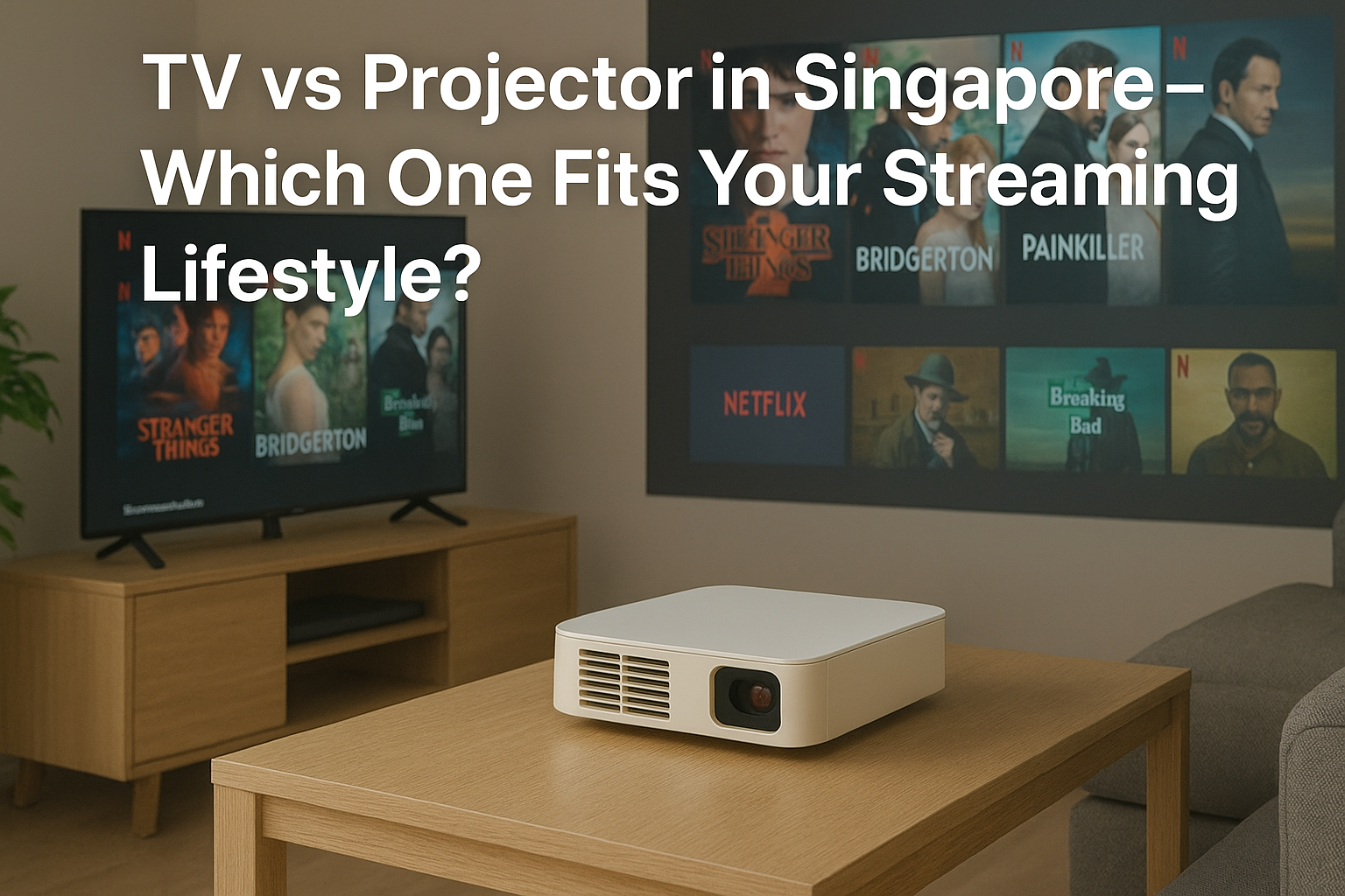 Comparison of a TV and a mini projector on a modern home setup – INNOVATIVE Projector Singapore