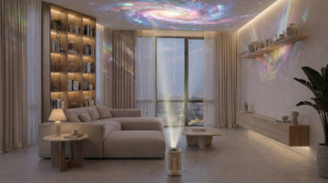 INNOVATIVE Eva Vela 360 projecting a large galaxy scene in a modern Singapore living room