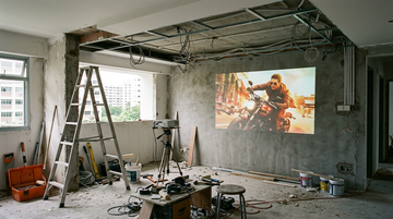 HDB living room mid-renovation with false ceiling open showing electrical conduits, and a large movie image projected on the bare wall