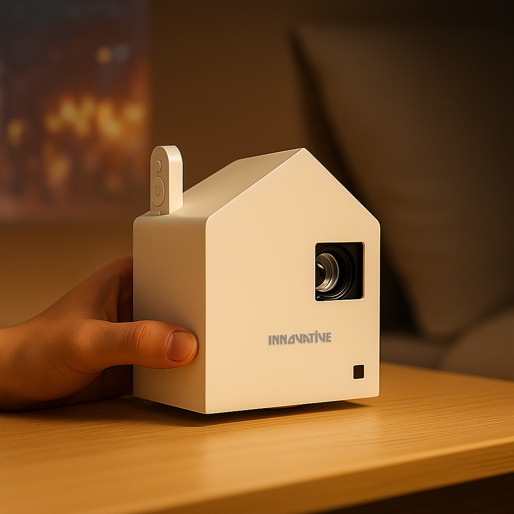 MyHome projector with house-shaped casing and chimney-style remote storage