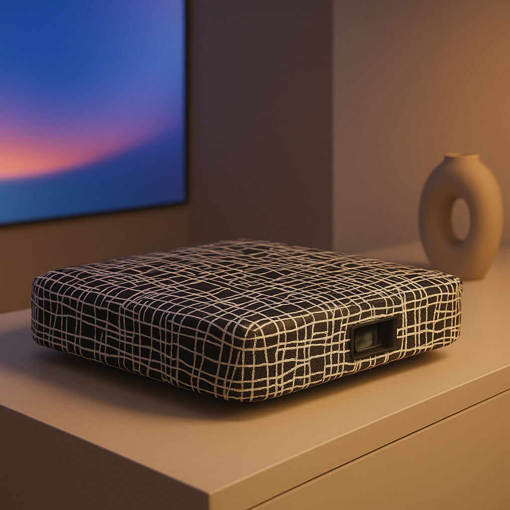 A modern projector wrapped in black-and-white camouflage fabric sits on a beige table in a softly lit room, with a blurred gradient screen in the background and a minimalist ceramic vase to the right - INNOVATIVE ARTA