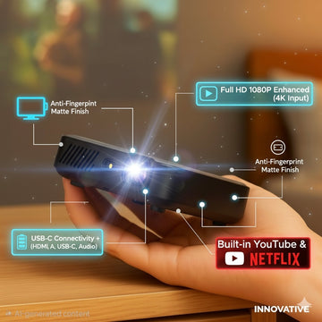 INNOVATIVE K6 Pro AI Smart Mini Projector – Full HD 1080P | Built-In Netflix & 4K YouTube | Palm-Sized with AI Auto Focus & Keystone