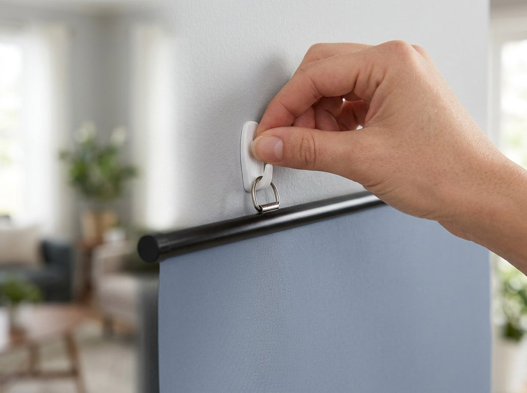 Adhesive hook on a painted wall holding the ALR screen's top rail, no drilling needed