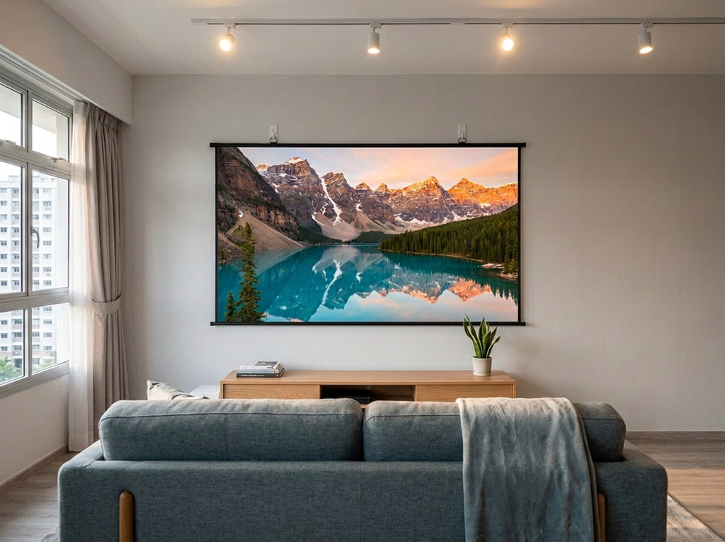 100-inch grey ALR projector screen hung on a living room wall with adhesive hooks, showing a film with the lights on