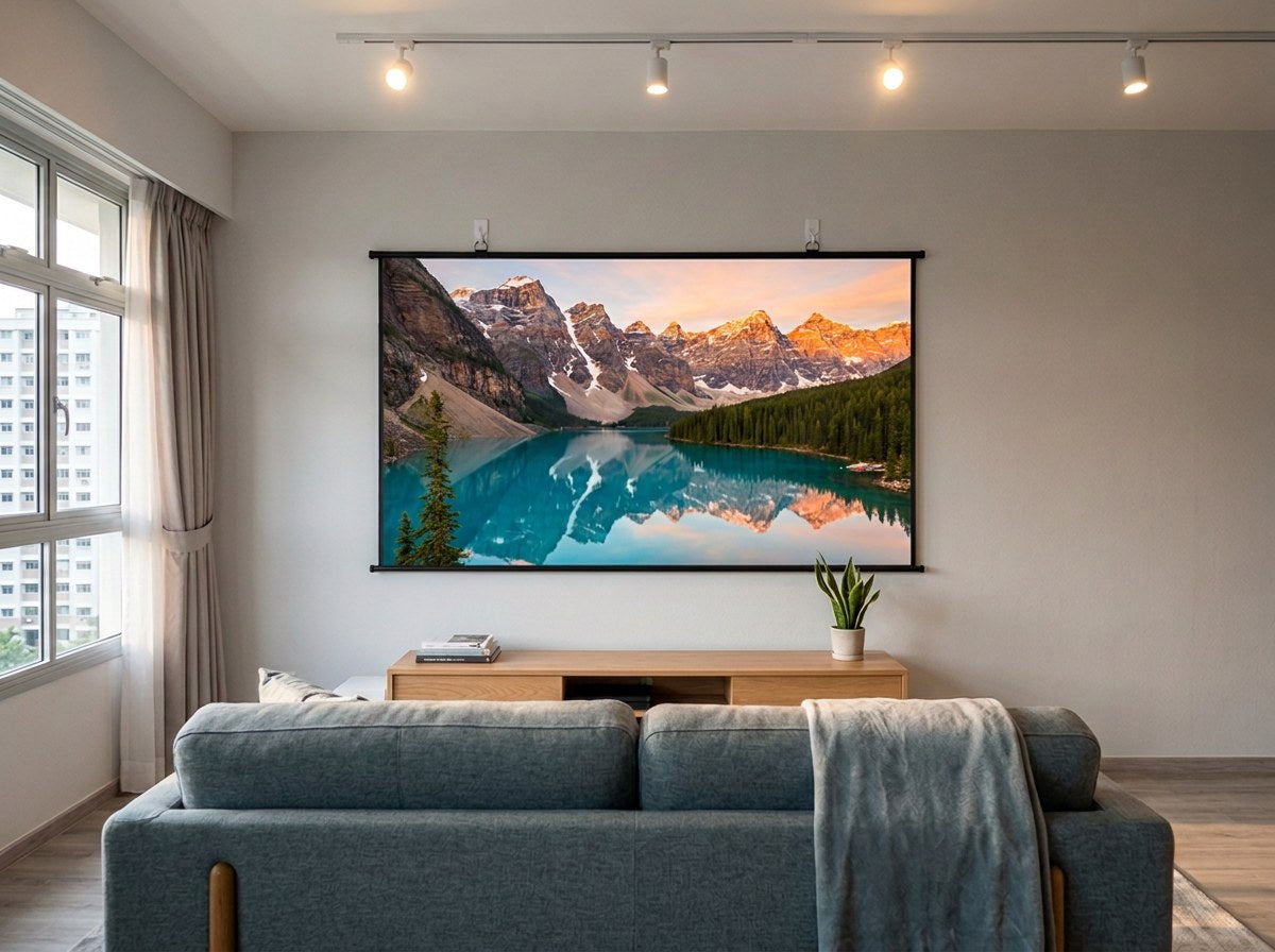 100-inch grey ALR projector screen hung on a living room wall with adhesive hooks, showing a film with the lights on