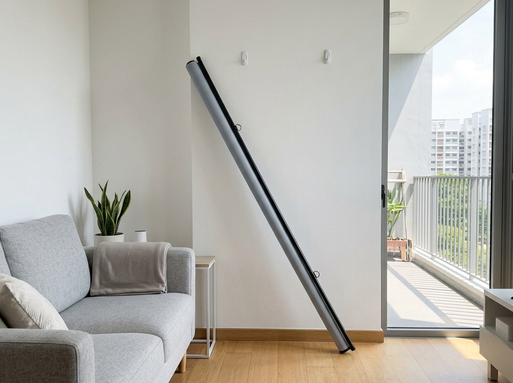 ALR projector screen rolled up slim and leaning against the wall beside a sofa
