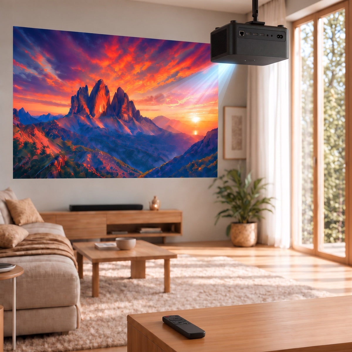 Annistyn Nova Google TV projector on a ceiling mount in a bright living room