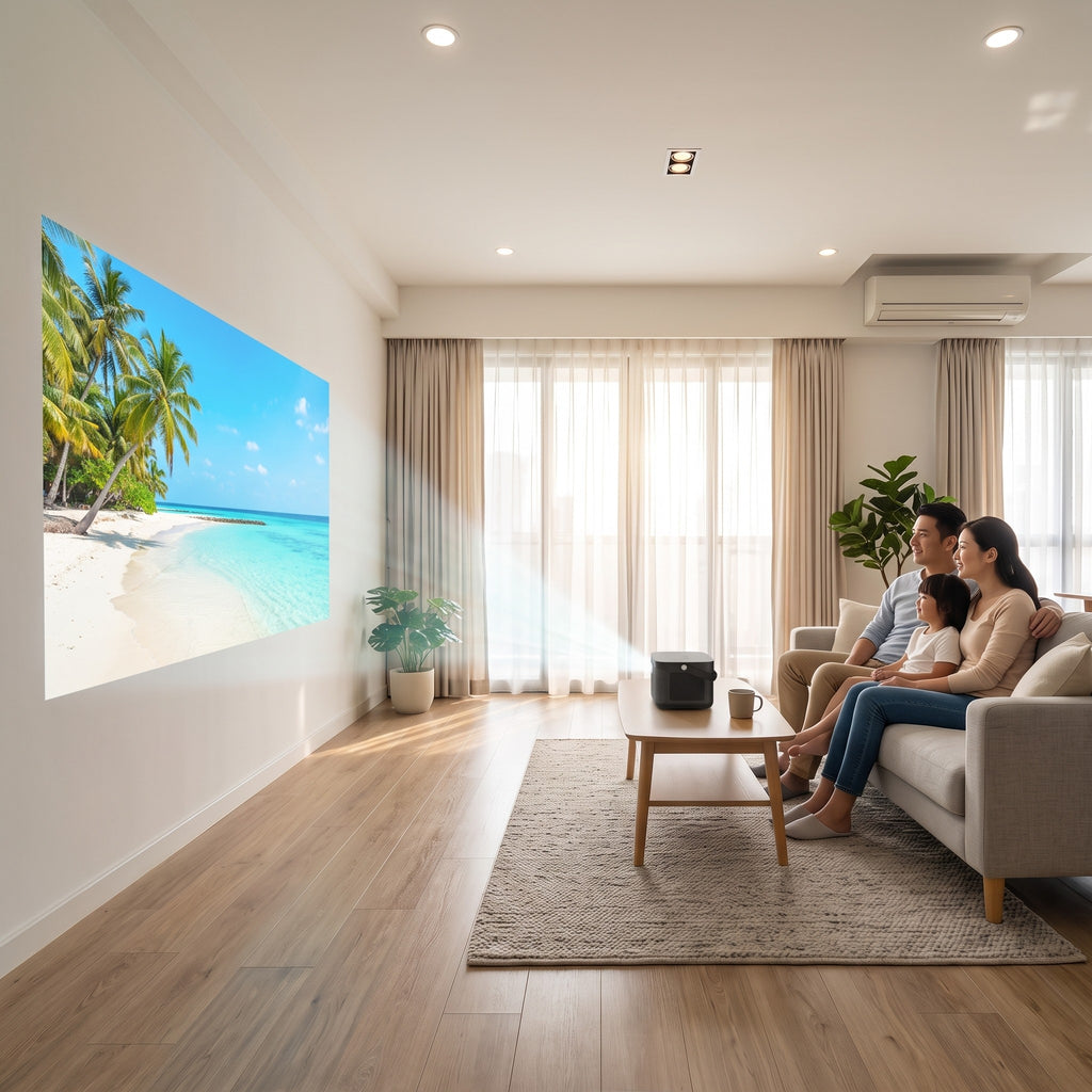 Annistyn X projecting a 100-inch beach scene in a sunlit condo living room with the curtains open