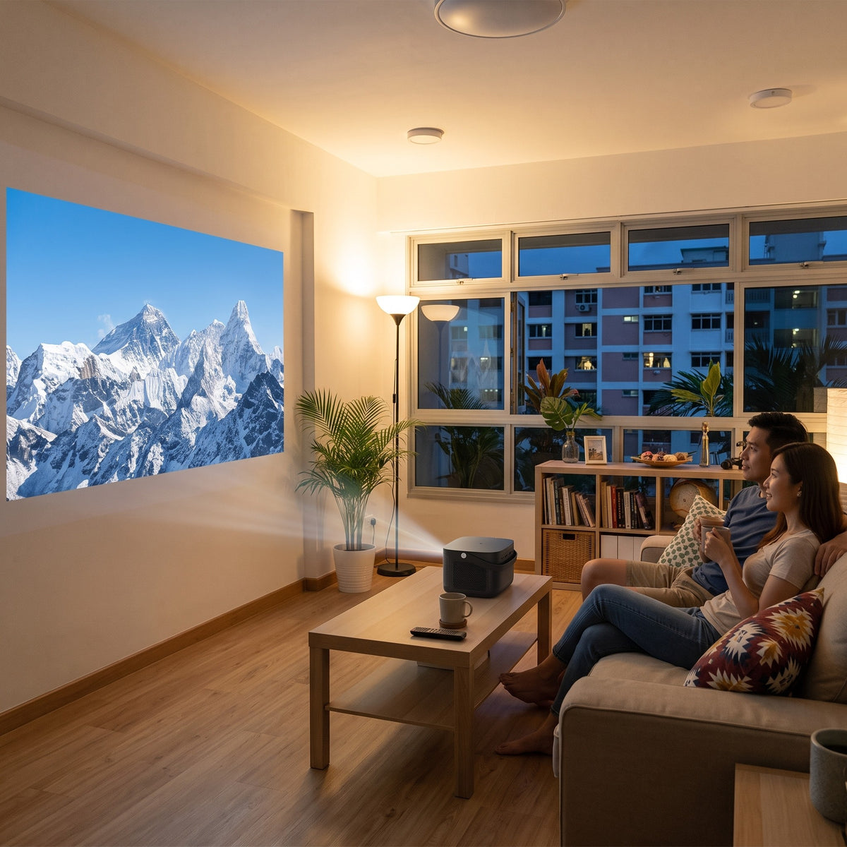 Annistyn X on a coffee table projecting a 100-inch picture in an HDB living room with the lights on