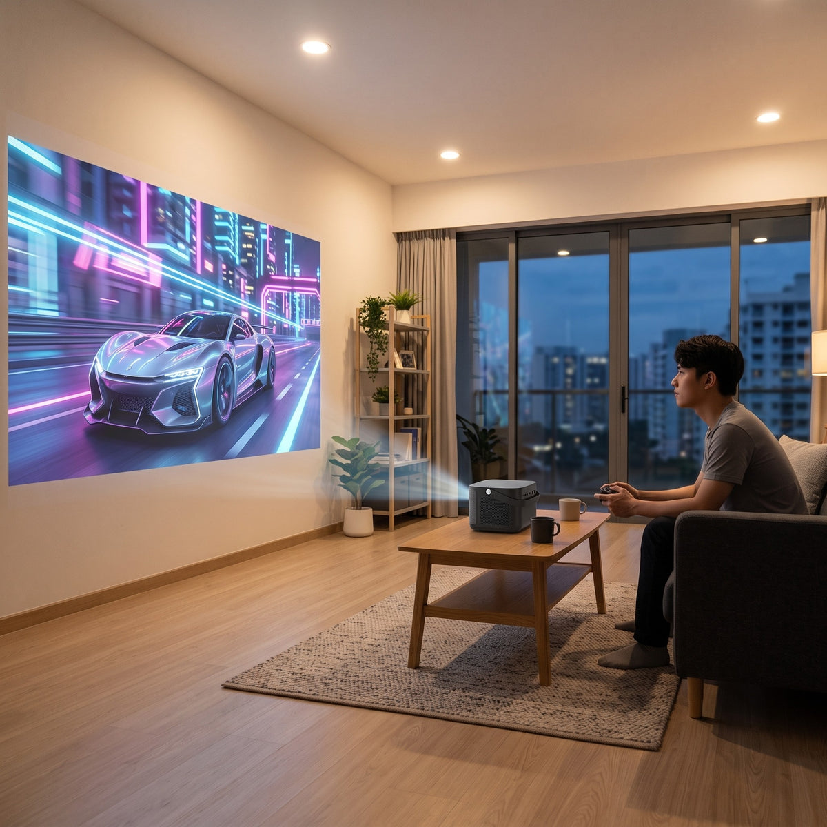 Gaming on a 120-inch picture from Annistyn X in a living room with the lights on
