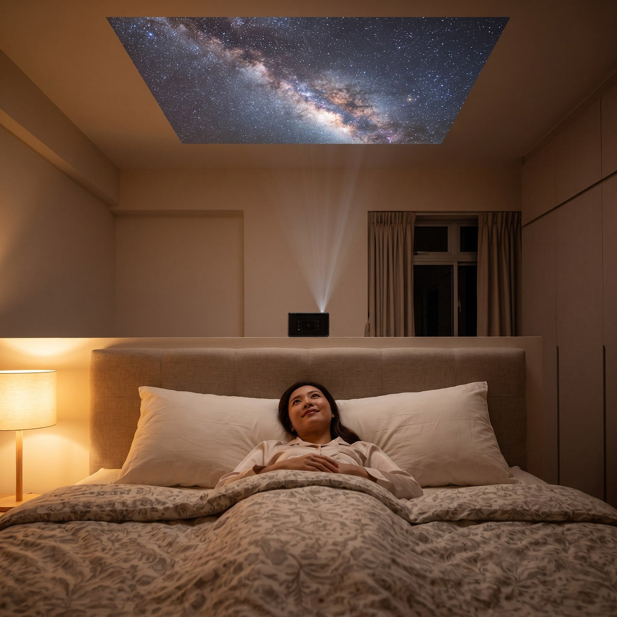 CROWN resting on a headboard with its lens facing up, projecting a starry sky onto the bedroom ceiling