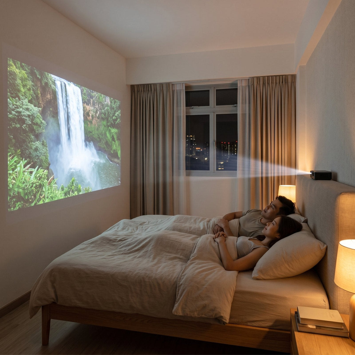 CROWN on a headboard projecting a waterfall film onto the bedroom wall