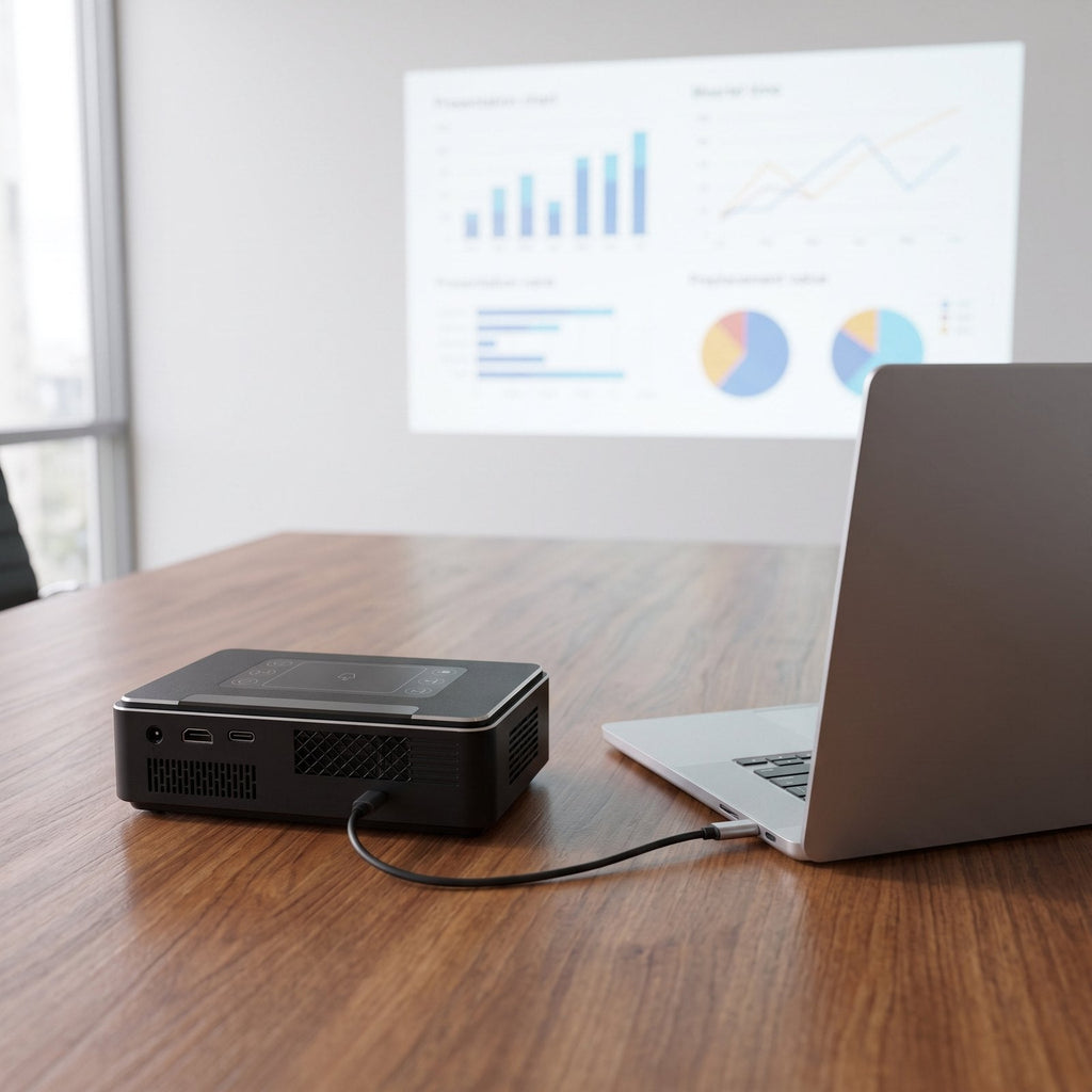 CROWN connected to a laptop by one USB-C cable in a meeting room