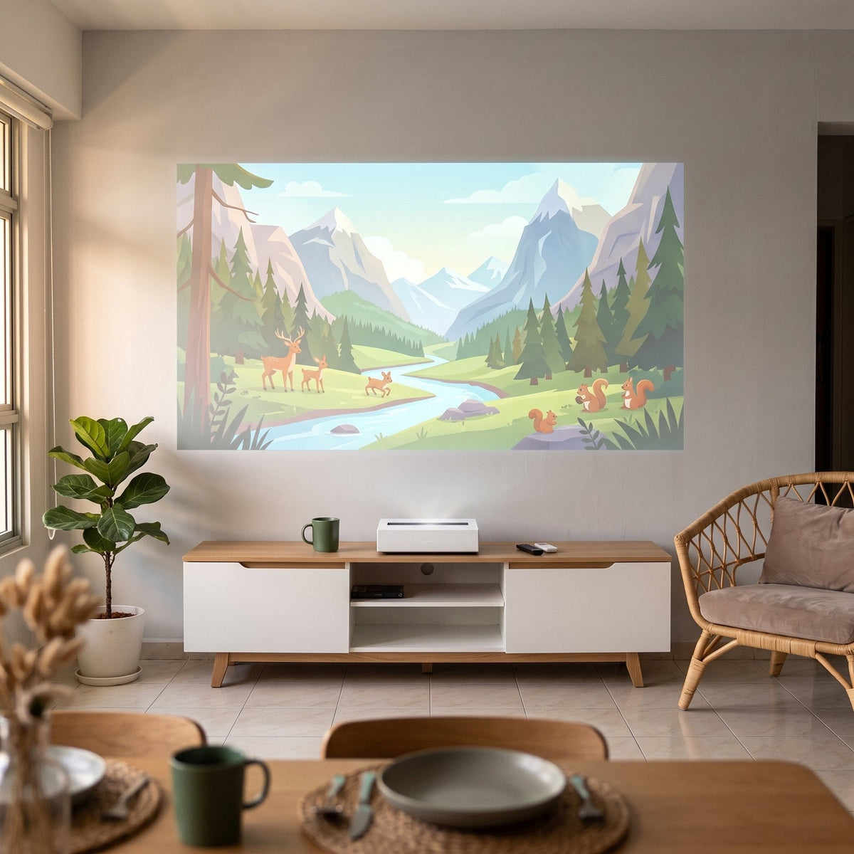DSX 3 Mini projecting a 100-inch picture in a sunlit HDB living room
