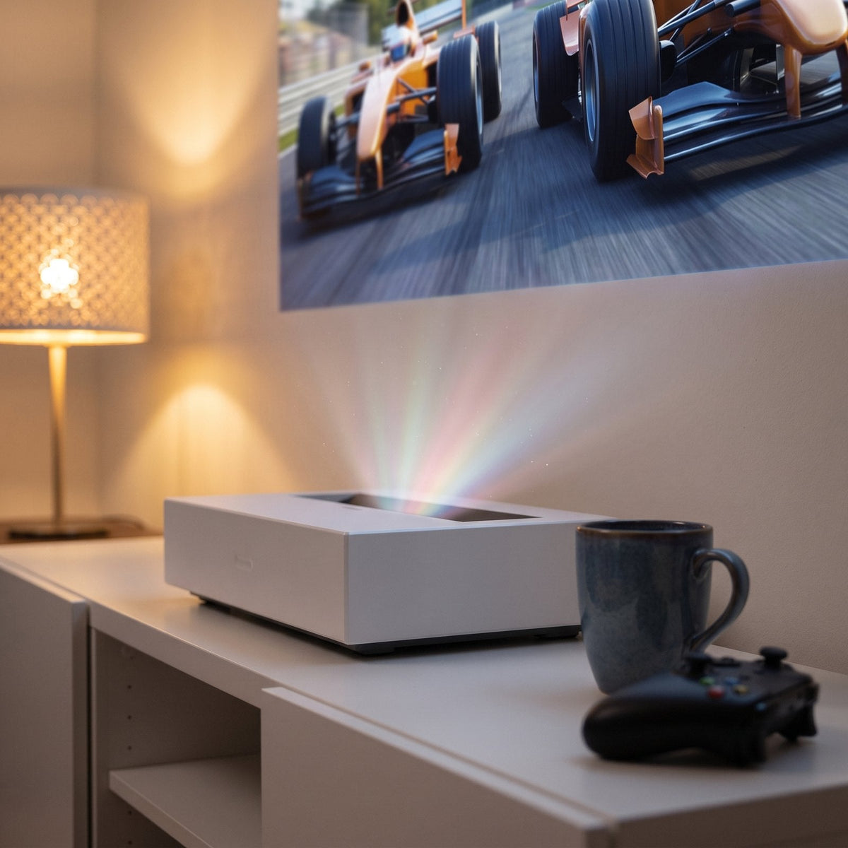 DSX 3 Mini beside a mug and game controller, projecting a racing game