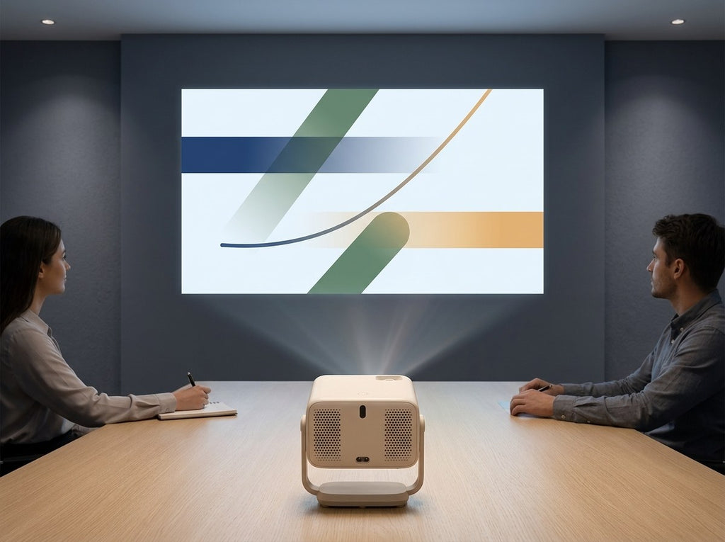 Eva Vela 360 Business projector on a meeting table projecting a 100-inch picture onto the meeting room wall