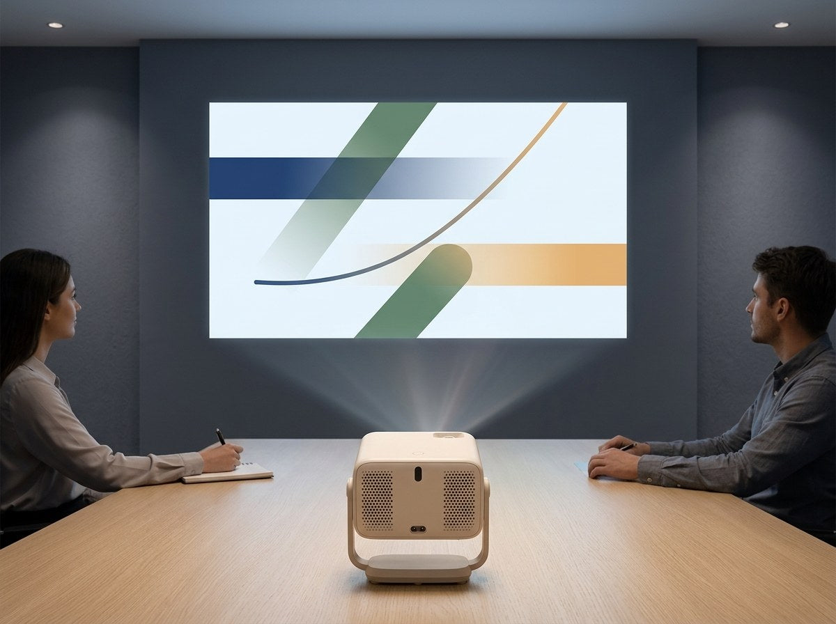 Eva Vela 360 Business projector on a meeting table projecting a 100-inch picture onto the meeting room wall