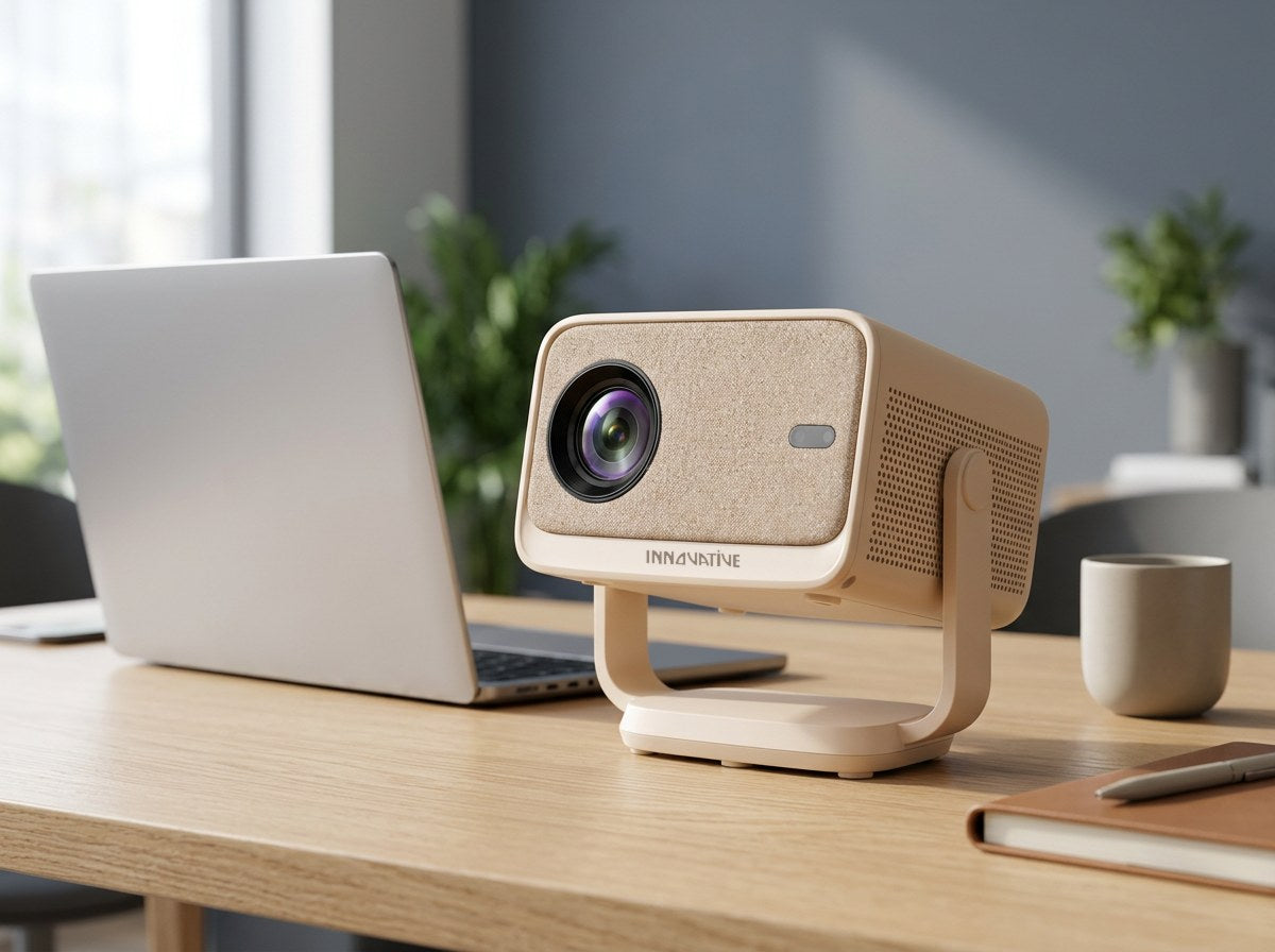 Eva Vela 360 Business projector on a meeting table next to a laptop and coffee cup