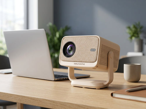 Eva Vela 360 Business projector on a meeting table next to a laptop and coffee cup