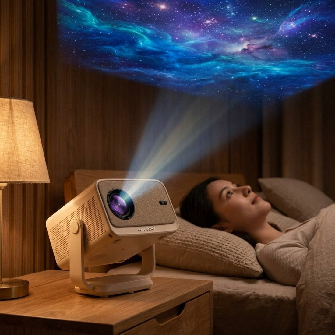 Eva Vela 360 gimbal projector tilted up on a bedside table projecting onto the bedroom ceiling