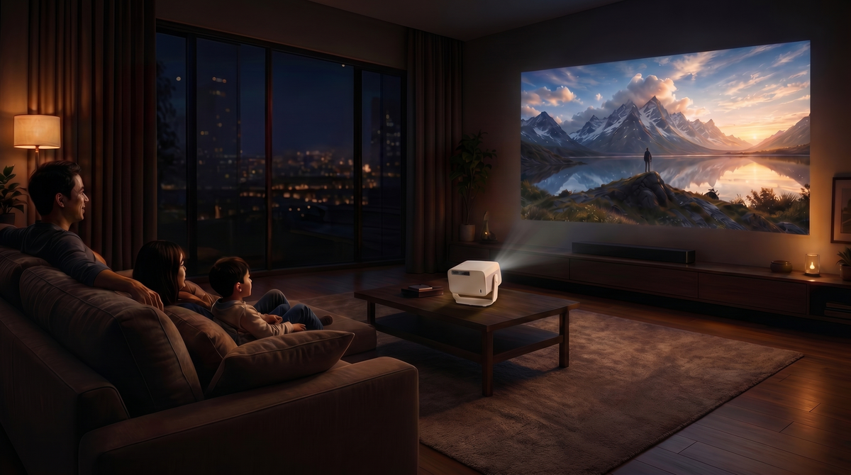 Family watching a 100-inch projected picture in a Singapore living room at night