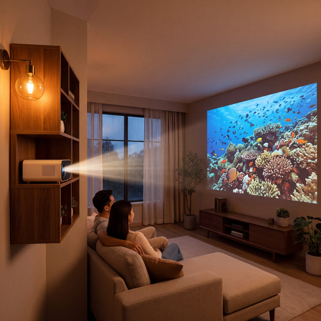 INNOVATIVE ISTANA 4K projector in a living room shelf projecting a 120-inch image across the room onto the wall above the TV console