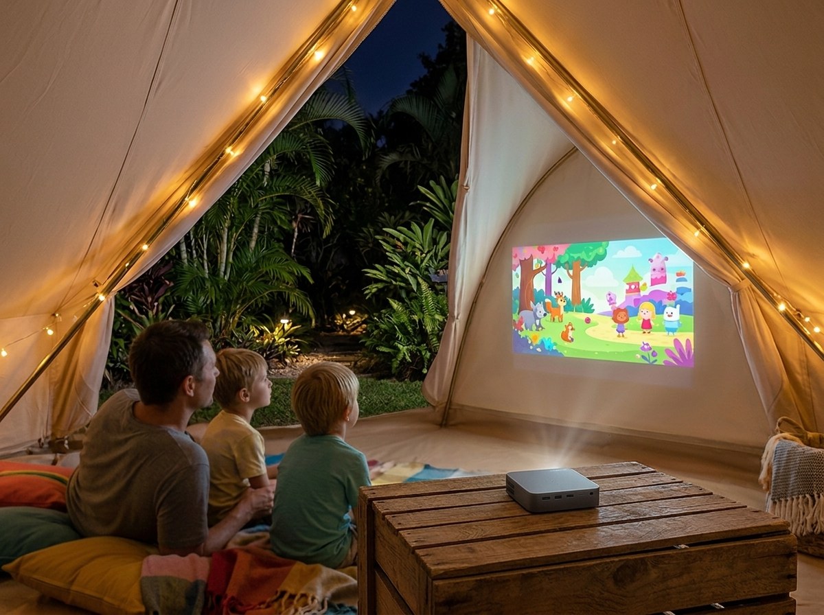 Family watching a cartoon projected on a glamping tent wall by the K5x battery projector