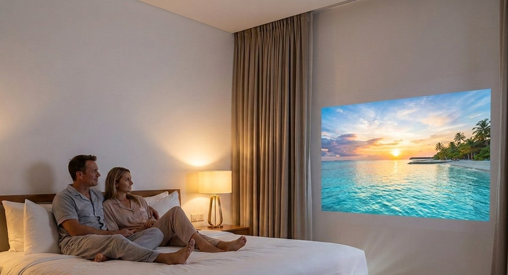 Couple watching a beach film projected on a hotel room wall at night with the INNOVATIVE K5x travel projector