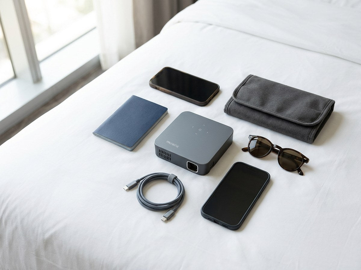 INNOVATIVE K5x mini projector next to a passport, phone and cable on a hotel bed, about the size of a coaster