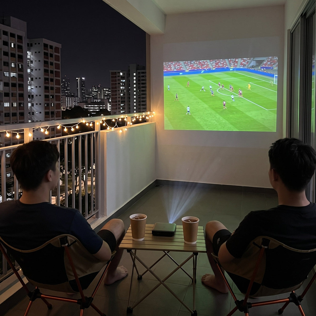 K6s Pro AI projecting football on an HDB balcony wall