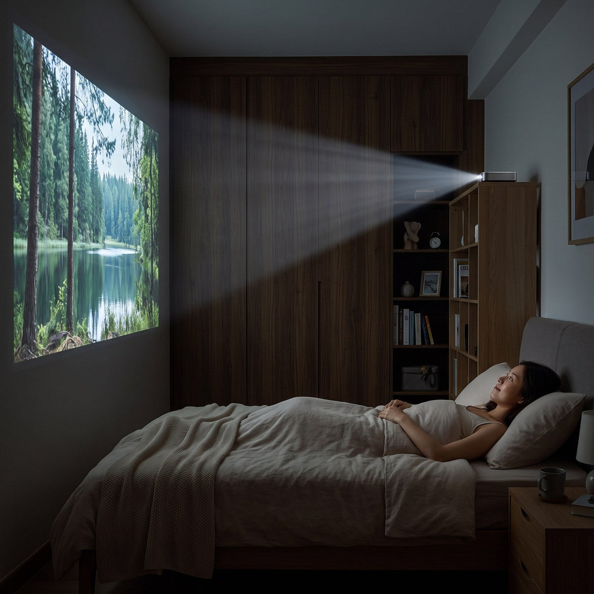 K6s Pro AI on battery projecting onto a bedroom wall with the lights off