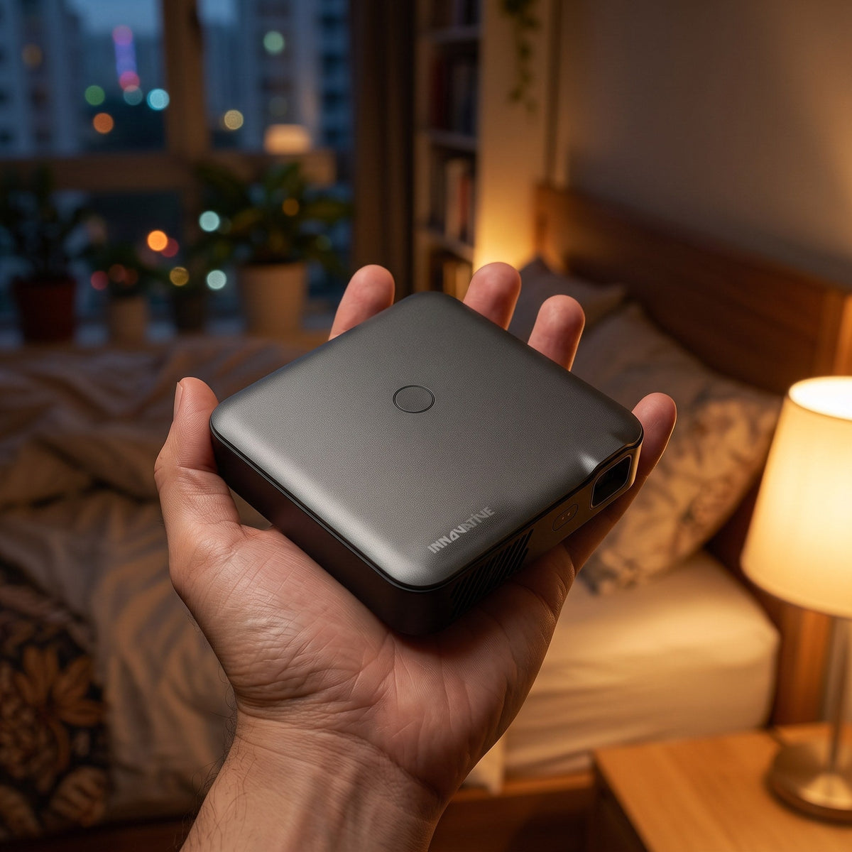 INNOVATIVE K6s Pro AI palm-size projector held in a hand