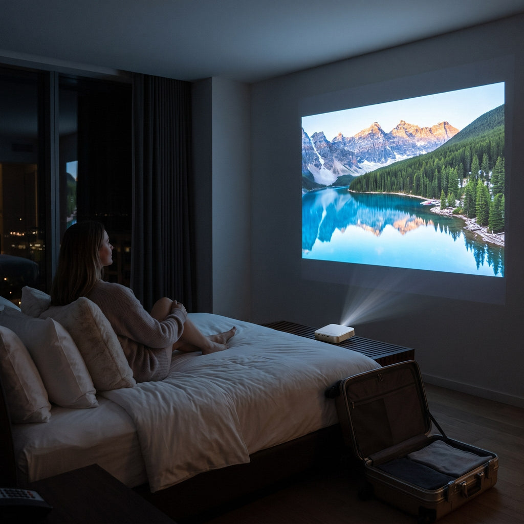 K7x Pro AI on battery projecting a film in a hotel room with the lights off