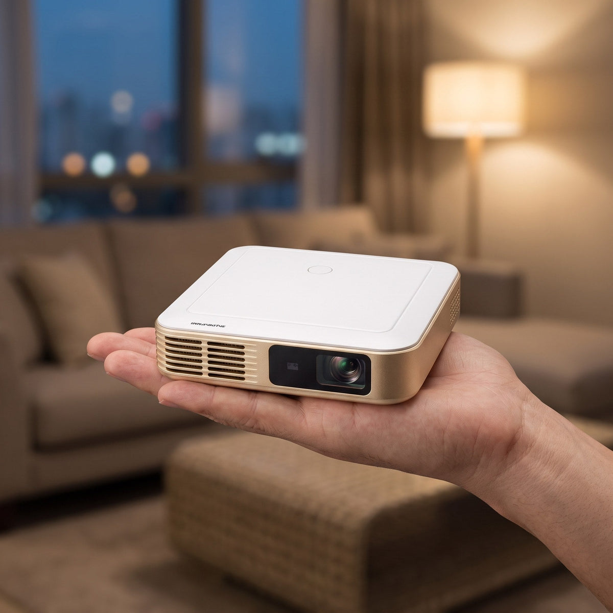INNOVATIVE K7x Pro AI portable projector in white and champagne gold, held in a hand