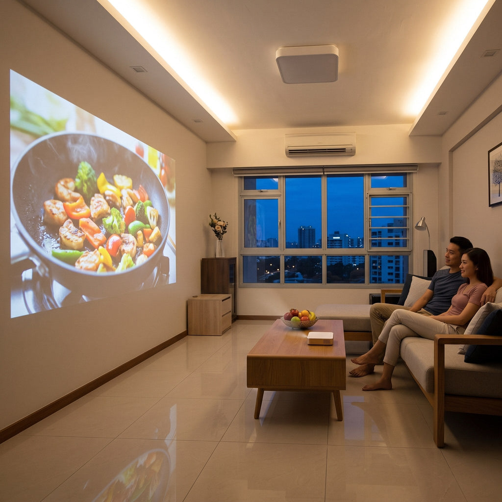 K7x Pro AI projecting onto a living room wall with the lights on