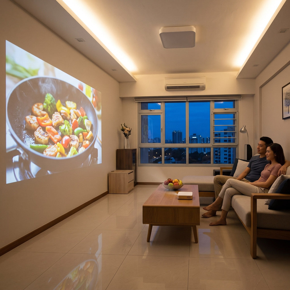 K7x Pro AI projecting onto a living room wall with the lights on