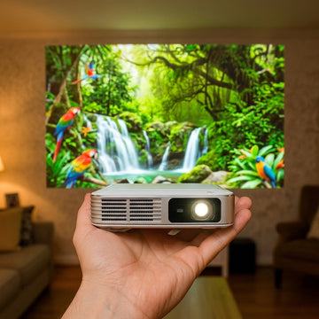 K7x Pro AI palm-size projector held in one hand with a large projected image on the wall behind