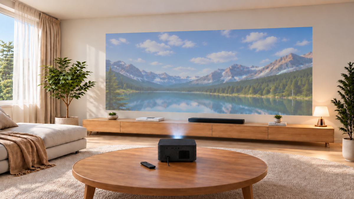 Annistyn Nova projecting in a living room in the daytime with the lights on